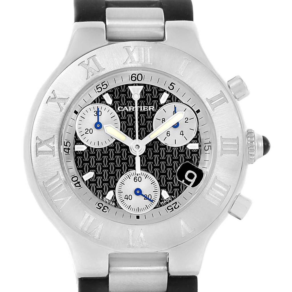 The image shows a front view of the Cartier Must 21 Chronoscaph W10125U2 Men
s Stainless Steel Black Dial W10125U2 Men
s Stainless Steel Black Dial watch, highlighting its dial, subdials, and Roman numeral bezel.