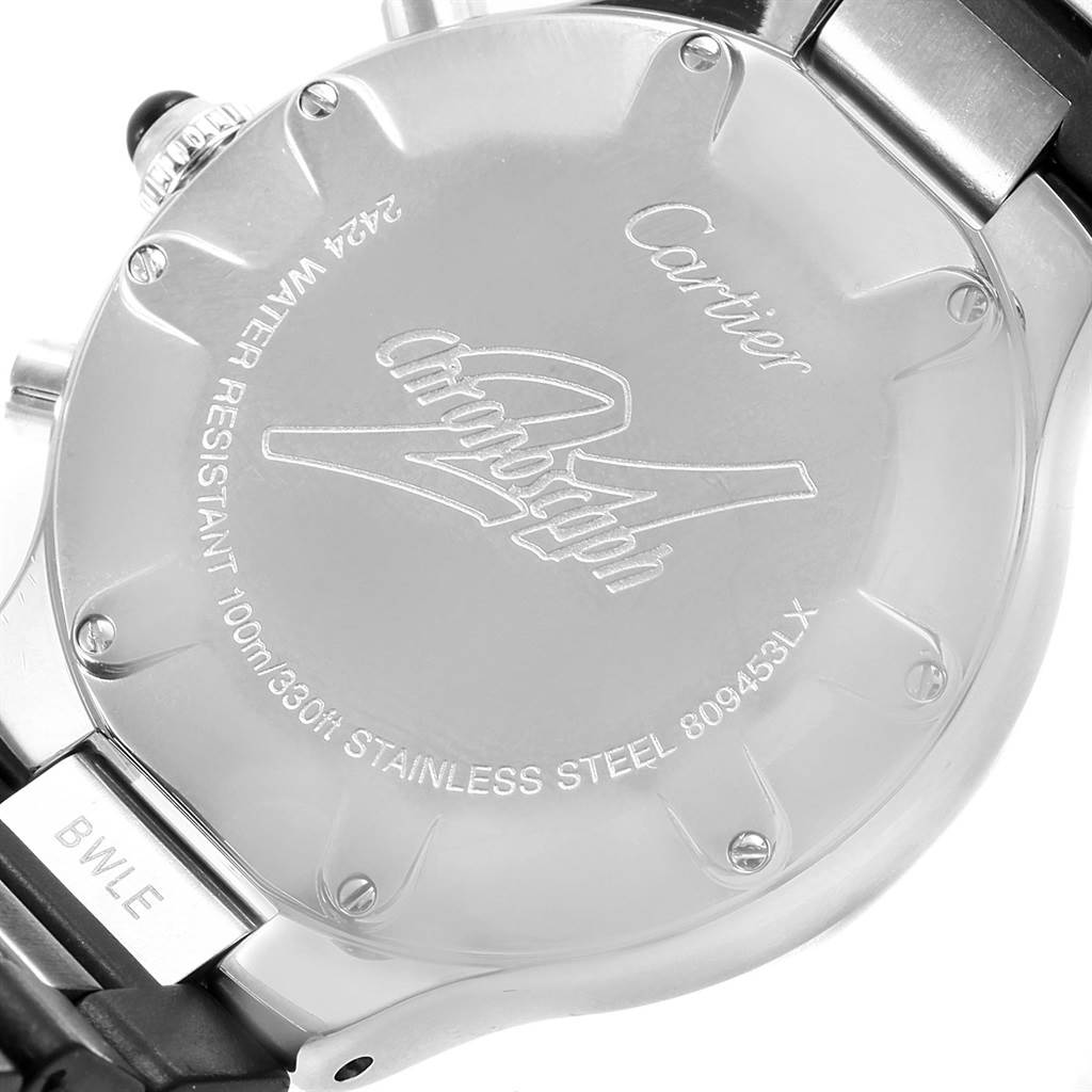 The image shows the back of a Cartier Must 21 Chronoscaph W10125U2 Men
s Stainless Steel Black Dial W10125U2 Men
s Stainless Steel Black Dial watch, displaying its stainless steel case and engraved details.
