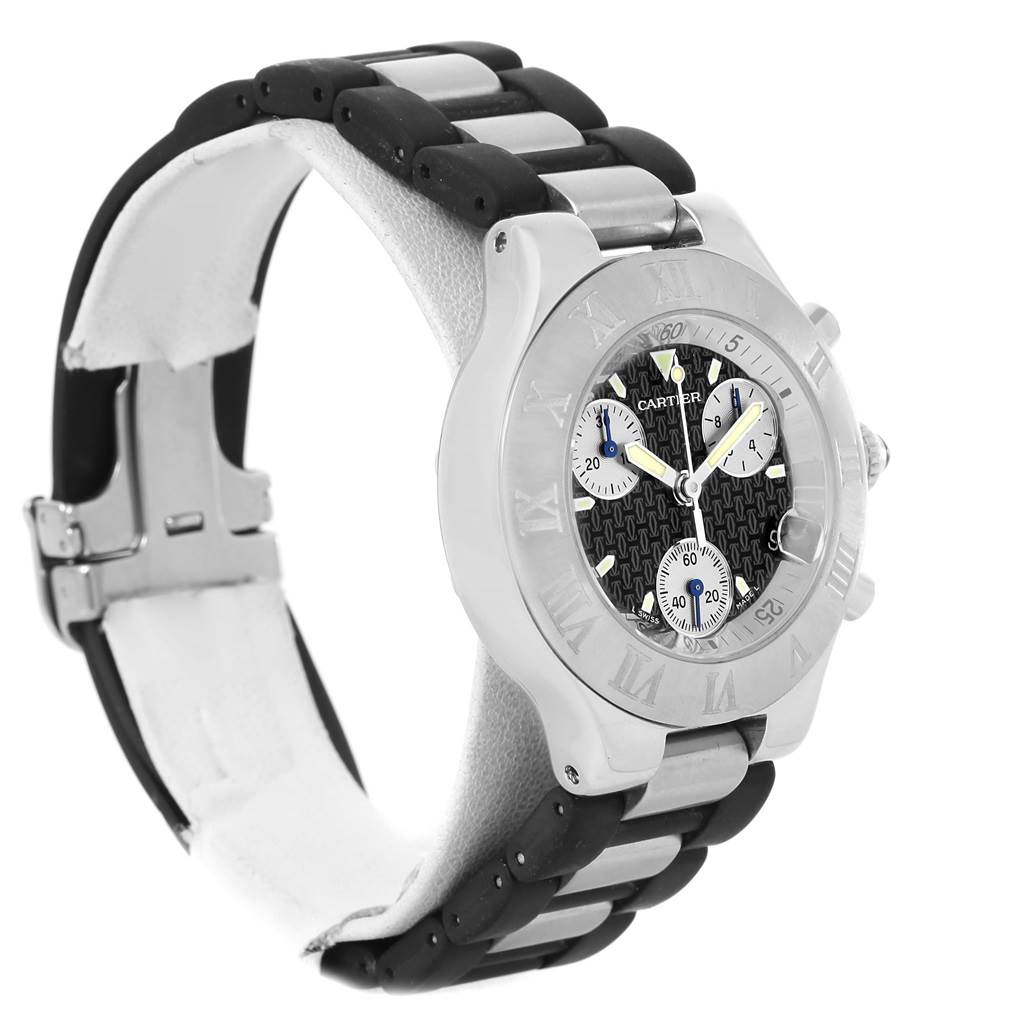 The image shows a Cartier Must 21 Chronoscaph W10125U2 Men
s Stainless Steel Black Dial W10125U2 Men
s Stainless Steel Black Dial watch angled from the front-left, displaying its face, bezel, and bracelet.