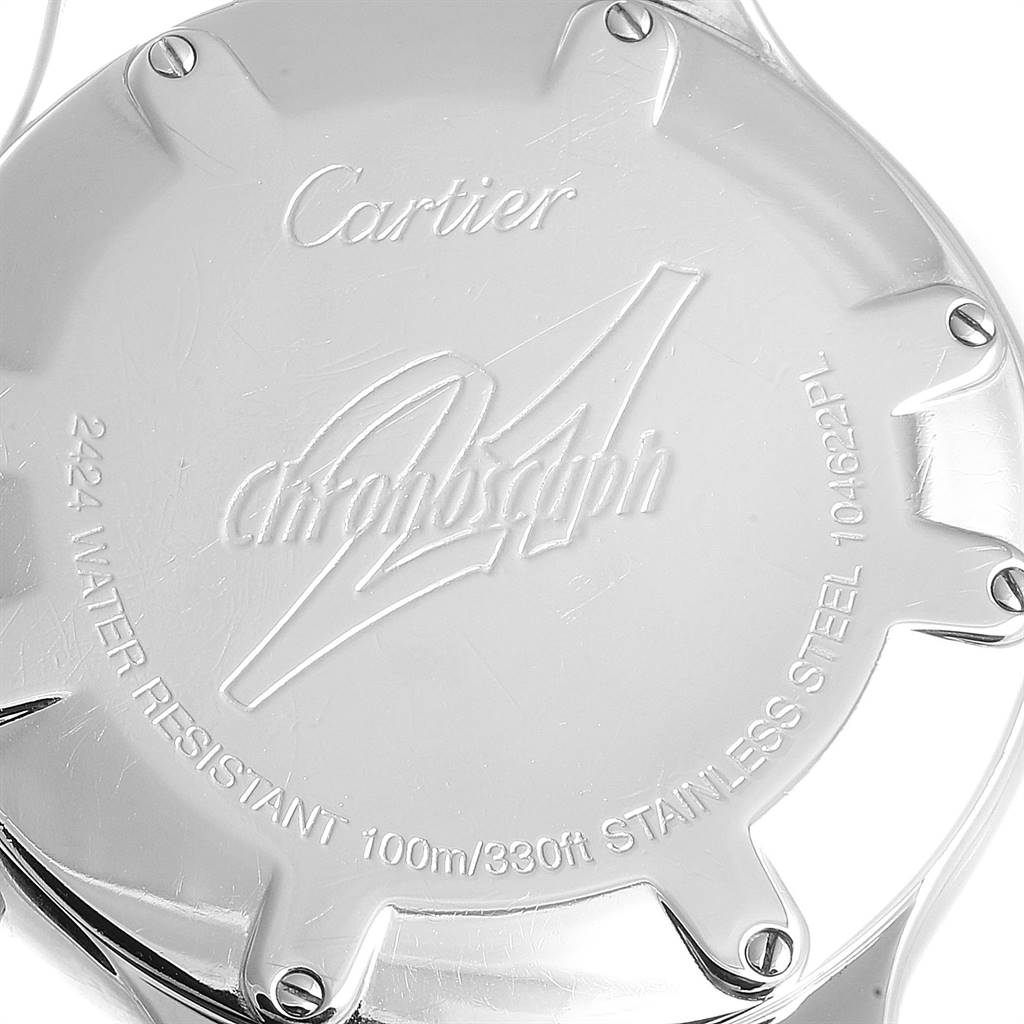 The image shows the back case of the Cartier Must 21 Chronoscaph W10184U2 Men's Stainless Steel White Dial W10184U2 Men's Stainless Steel White Dial watch, featuring engraved details and screws for attachment.