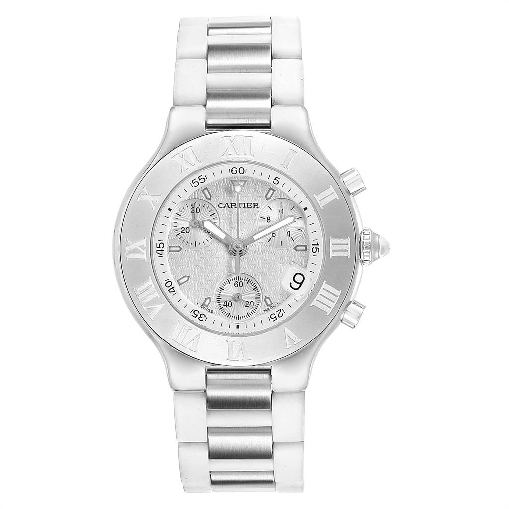 The image shows a front view of a Cartier Must 21 Chronoscaph W10184U2 Men's Stainless Steel White Dial W10184U2 Men's Stainless Steel White Dial watch, displaying the face, bezel, and bracelet.