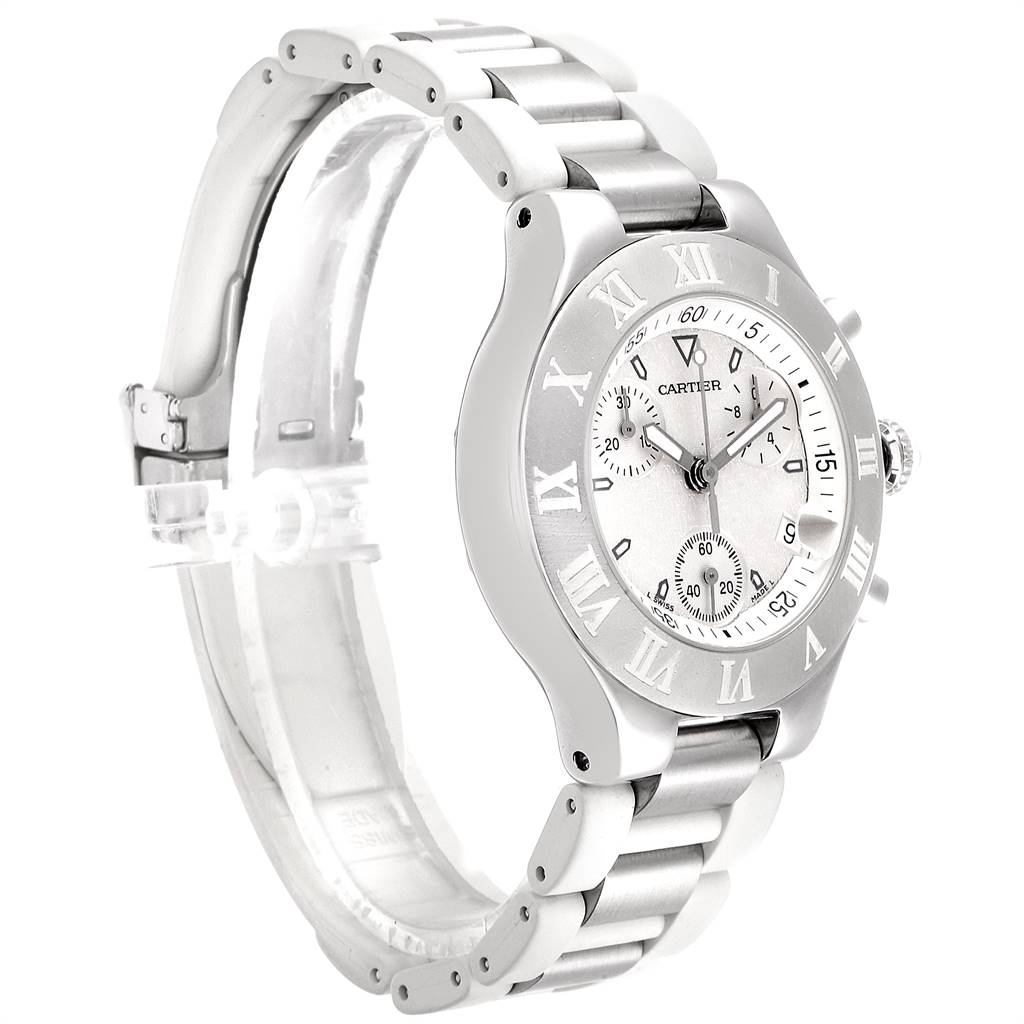 The watch shown is a Cartier Must 21 Chronoscaph W10184U2 Men's Stainless Steel White Dial W10184U2 Men's Stainless Steel White Dial, photographed at a three-quarter angle, displaying the face, bezel, and bracelet.