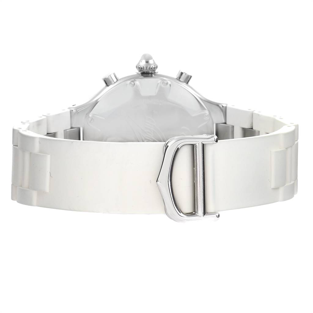 The image shows the rear view of the Must 21 Chronoscaph model by Cartier, focusing on the clasp and part of the strap.