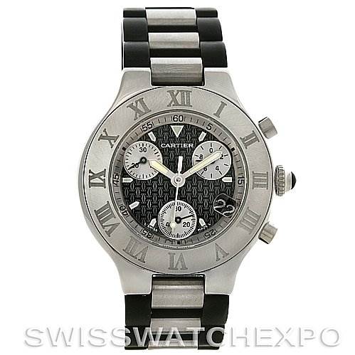 The image shows a front view of the Cartier Must 21 Chronoscaph W10125U2 Stainless Steel Black Dial W10125U2 Stainless Steel Black Dial watch, highlighting its dial, bezel, crown, and bracelet.