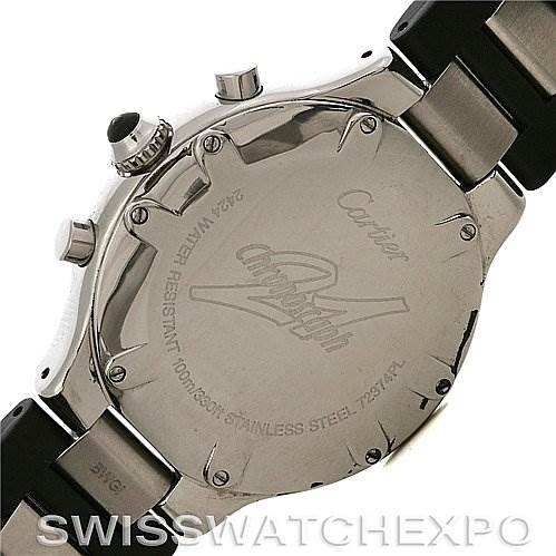 This image shows the case back and part of the bracelet of a Cartier Must 21 Chronoscaph W10125U2 Stainless Steel Black Dial W10125U2 Stainless Steel Black Dial model watch.