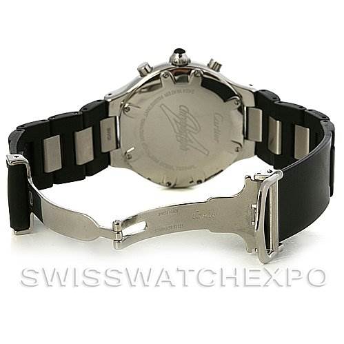 The image shows the back and clasp of the Cartier Must 21 Chronoscaph W10125U2 Stainless Steel Black Dial W10125U2 Stainless Steel Black Dial watch, highlighting the engraved case back and black rubber strap.