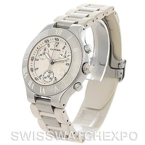 This image shows a Cartier Must 21 Chronoscaph W10184U2 Men's Stainless Steel White Dial W10184U2 Men's Stainless Steel White Dial watch from a three-quarter angle, highlighting its face, bezel, and bracelet.