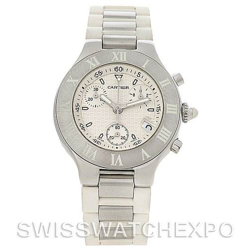 The image shows a frontal view of the Cartier Must 21 Chronoscaph W10184U2 Men's Stainless Steel White Dial W10184U2 Men's Stainless Steel White Dial watch, displaying the dial, bezel, crown, pushers, and metal bracelet.