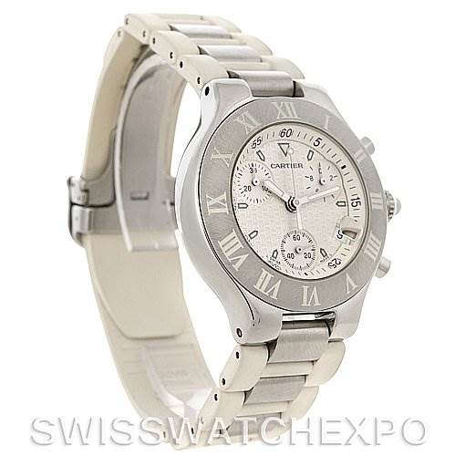 The image shows a 3/4 angle view of the Cartier Must 21 Chronoscaph W10184U2 Men's Stainless Steel White Dial W10184U2 Men's Stainless Steel White Dial watch, including the face, bezel, and part of the bracelet.