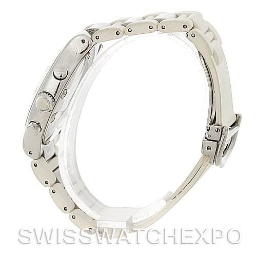 The watch is viewed from the side, showing the bracelet, case, and pushers of the Cartier Must 21 Chronoscaph W10184U2 Men's Stainless Steel White Dial W10184U2 Men's Stainless Steel White Dial model.