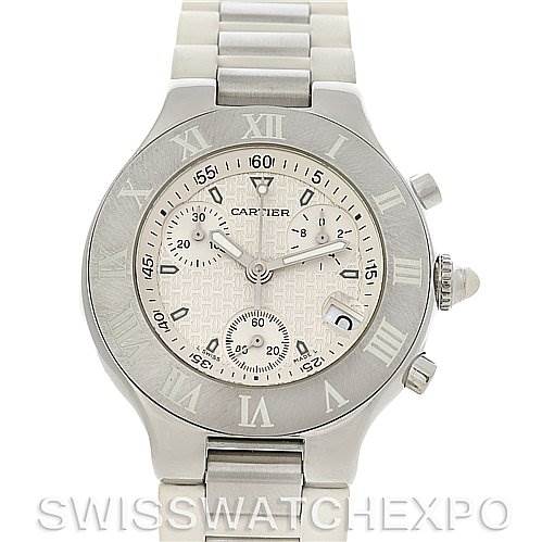 The Cartier Must 21 Chronoscaph W10184U2 Men's Stainless Steel White Dial W10184U2 Men's Stainless Steel White Dial watch is shown from a front angle, displaying the face, bezel, and bracelet.