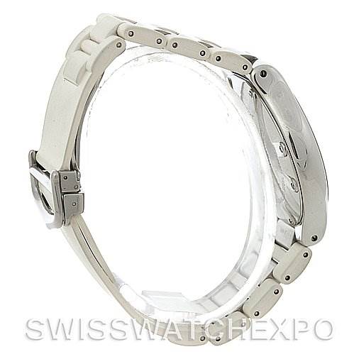 The image shows a side view of the Cartier Must 21 Chronoscaph W10184U2 Men's Stainless Steel White Dial W10184U2 Men's Stainless Steel White Dial watch, highlighting the watch case, bracelet, and clasp.