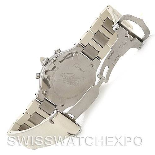 The image shows the back view of the Must 21 Chronoscaph watch by Cartier, highlighting its case back and bracelet clasp.