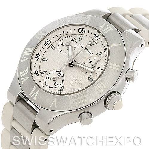 The image shows the Cartier Must 21 Chronoscaph W10184U2 Men's Stainless Steel White Dial W10184U2 Men's Stainless Steel White Dial watch from an angled view displaying the dial, bezel, and part of the bracelet.