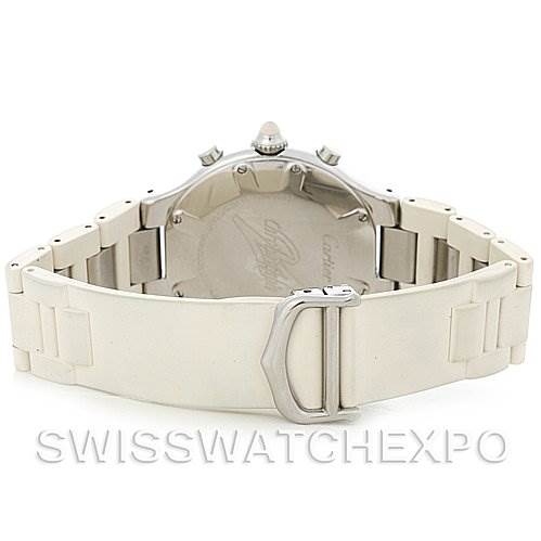 This image shows the back view of a Cartier Must 21 Chronoscaph W10184U2 Men's Stainless Steel White Dial W10184U2 Men's Stainless Steel White Dial watch, highlighting its metal bracelet and clasp.