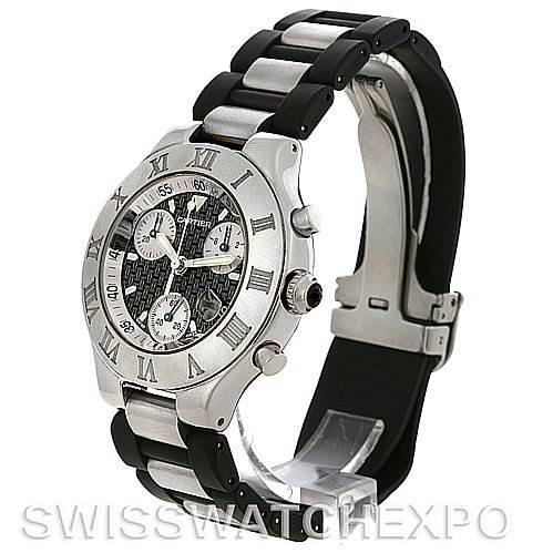 This image shows a side angle of the Cartier Must 21 Chronoscaph W10125U2 Men
s Stainless Steel Black Dial W10125U2 Men
s Stainless Steel Black Dial watch, highlighting the case, bezel, dial, chronograph buttons, and bracelet.