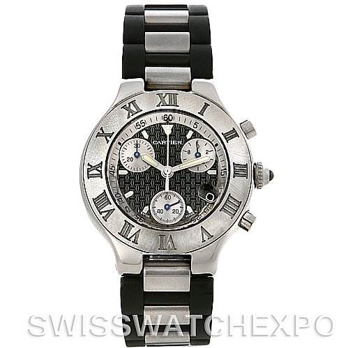 The image shows a full frontal view of a Cartier Must 21 Chronoscaph W10125U2 Men
s Stainless Steel Black Dial W10125U2 Men
s Stainless Steel Black Dial watch, displaying its face, bezel, and metal bracelet.