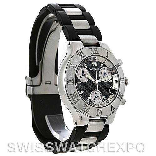 The Cartier Must 21 Chronoscaph W10125U2 Men
s Stainless Steel Black Dial W10125U2 Men
s Stainless Steel Black Dial watch is shown at an angle highlighting the bezel, dial, chronograph subdials, and bracelet.