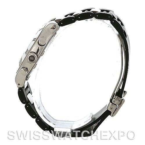 This image shows a side view of the Cartier Must 21 Chronoscaph W10125U2 Men
s Stainless Steel Black Dial W10125U2 Men
s Stainless Steel Black Dial watch, focusing on the bracelet and side buttons.