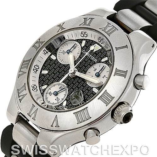 The image shows a close-up view of a Cartier Must 21 Chronoscaph W10125U2 Men
s Stainless Steel Black Dial W10125U2 Men
s Stainless Steel Black Dial watch, highlighting the face, bezel, and chronograph buttons.