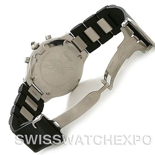 The image shows the back and clasp of a Cartier Must 21 Chronoscaph W10125U2 Men
s Stainless Steel Black Dial W10125U2 Men
s Stainless Steel Black Dial watch, highlighting the case back and part of the bracelet.