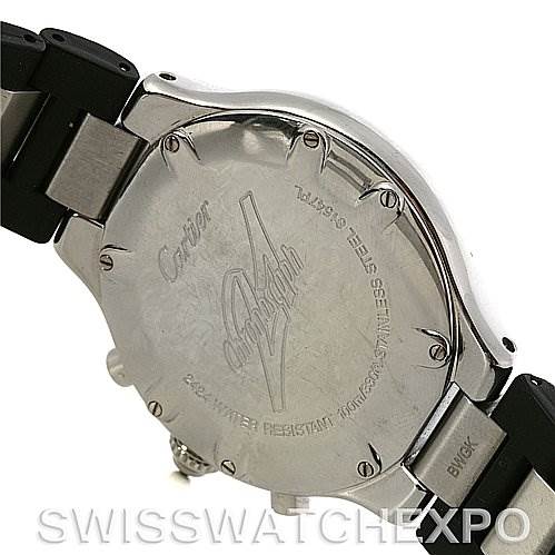 This image shows the back case of a Cartier Must 21 Chronoscaph W10125U2 Men
s Stainless Steel Black Dial W10125U2 Men
s Stainless Steel Black Dial watch, featuring its engraved details and band attachments.