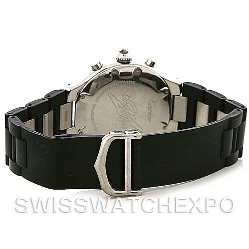 The image shows the back view of the Cartier Must 21 Chronoscaph W10125U2 Men
s Stainless Steel Black Dial W10125U2 Men
s Stainless Steel Black Dial watch, highlighting the case back and black rubber strap with a metal clasp.