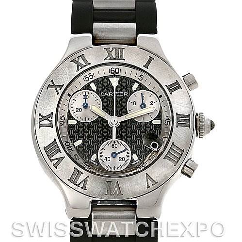 The image shows a front view of the Cartier Must 21 Chronoscaph W10125U2 Men
s Stainless Steel Black Dial W10125U2 Men
s Stainless Steel Black Dial watch, highlighting the dial, bezel, and part of the bracelet.