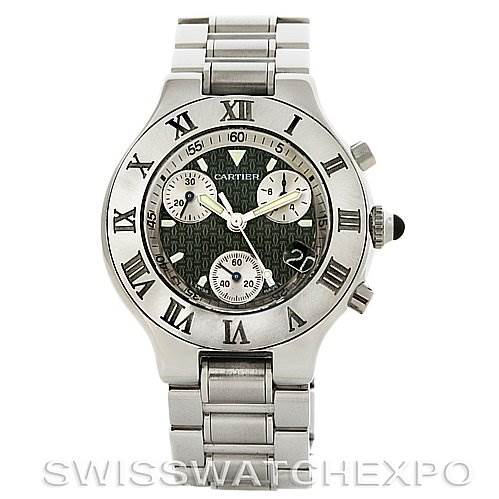 The image shows a frontal view of the Cartier Must 21 Chronoscaph W10172T2 Men
s Stainless Steel Black Dial W10172T2 Men
s Stainless Steel Black Dial watch, displaying its Roman numerals, chronograph dials, and metal bracelet.