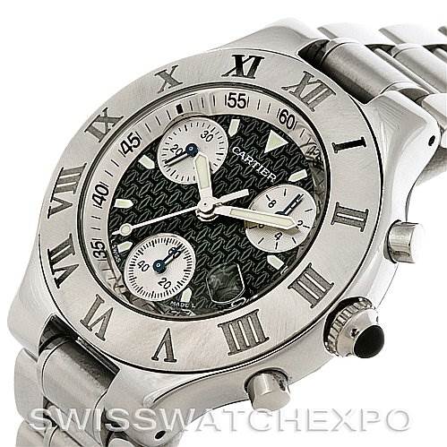 The image shows the face and part of the bracelet of the Cartier Must 21 Chronoscaph W10172T2 Men
s Stainless Steel Black Dial W10172T2 Men
s Stainless Steel Black Dial watch from a top-side angle.