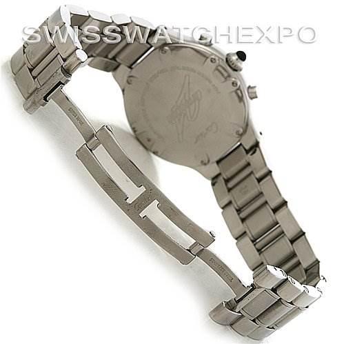 The image shows the back and opened clasp of a Cartier Must 21 Chronoscaph W10172T2 Men
s Stainless Steel Black Dial W10172T2 Men
s Stainless Steel Black Dial watch, displaying its bracelet and case back.