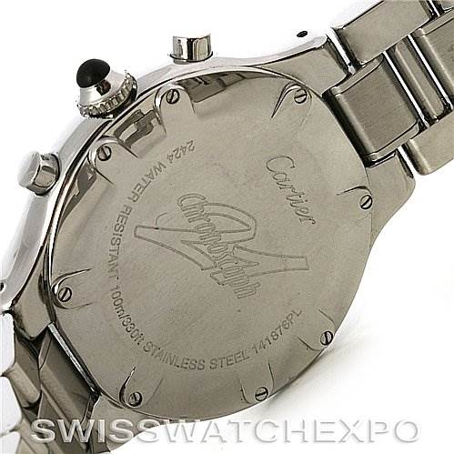 This image shows the back case and part of the bracelet of a Cartier Must 21 Chronoscaph W10172T2 Men
s Stainless Steel Black Dial W10172T2 Men
s Stainless Steel Black Dial watch.