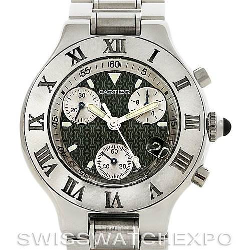 The image shows a front view of a Cartier Must 21 Chronoscaph W10172T2 Men
s Stainless Steel Black Dial W10172T2 Men
s Stainless Steel Black Dial watch featuring a stainless steel case, Roman numeral bezel, and chronograph subdials.