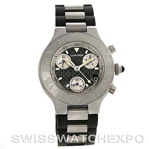 The image shows a front view of the Cartier Must 21 Chronoscaph W10125U2 Men
s Stainless Steel Black Dial W10125U2 Men
s Stainless Steel Black Dial, displaying its dial, bezel, and bracelet.