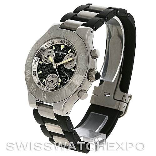 The image shows the Cartier Must 21 Chronoscaph W10125U2 Men
s Stainless Steel Black Dial W10125U2 Men
s Stainless Steel Black Dial watch at a slight angle displaying its face, bezel, buttons, and part of the bracelet.