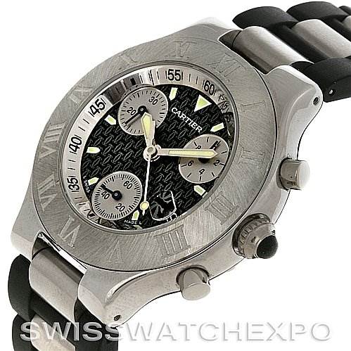 The Cartier Must 21 Chronoscaph W10125U2 Men
s Stainless Steel Black Dial W10125U2 Men
s Stainless Steel Black Dial watch is shown at a front angle, highlighting its face, bezel, and textured strap.