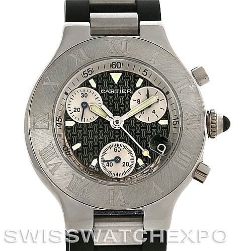 The image shows a front view of the Must 21 Chronoscaph model by Cartier, highlighting the dial, subdials, and part of the strap.