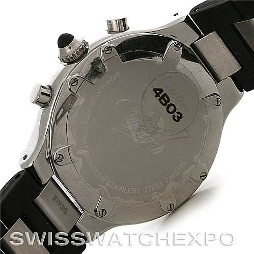 This image shows the back view of the Cartier Must 21 Chronoscaph W10125U2 Men
s Stainless Steel Black Dial W10125U2 Men
s Stainless Steel Black Dial model watch, highlighting its case back and part of the bracelet.