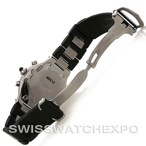 The image shows the back case and the open deployment clasp of a Cartier Must 21 Chronoscaph W10125U2 Men
s Stainless Steel Black Dial W10125U2 Men
s Stainless Steel Black Dial watch.