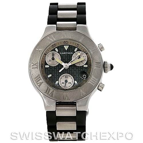 The image shows the front view of a Cartier Must 21 Chronoscaph W10125U2 Men
s Stainless Steel Black Dial W10125U2 Men
s Stainless Steel Black Dial watch, displaying the dial, bezel, and part of the bracelet.