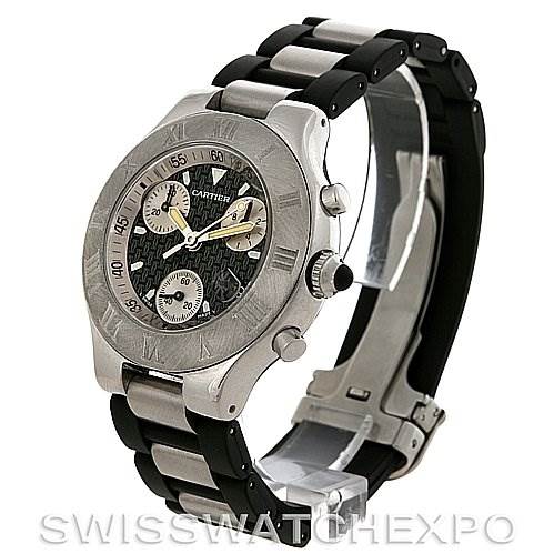 The image shows a Cartier Must 21 Chronoscaph W10125U2 Men
s Stainless Steel Black Dial W10125U2 Men
s Stainless Steel Black Dial watch angled to display its face, side, and part of the bracelet.