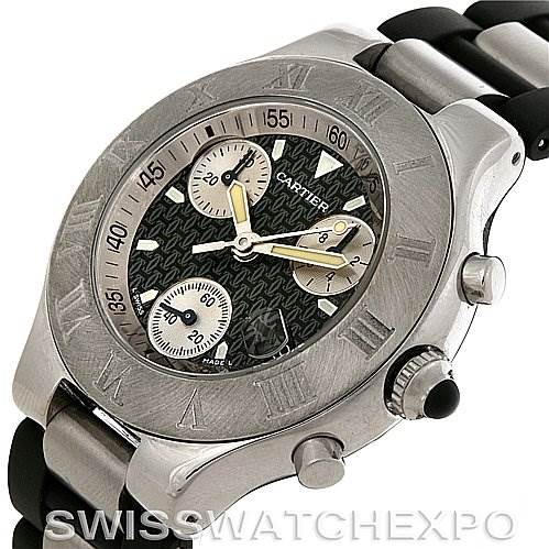 The image shows a Cartier Must 21 Chronoscaph W10125U2 Men
s Stainless Steel Black Dial W10125U2 Men
s Stainless Steel Black Dial watch at a slight angle, highlighting the face, bezel, subdials, and part of the strap.