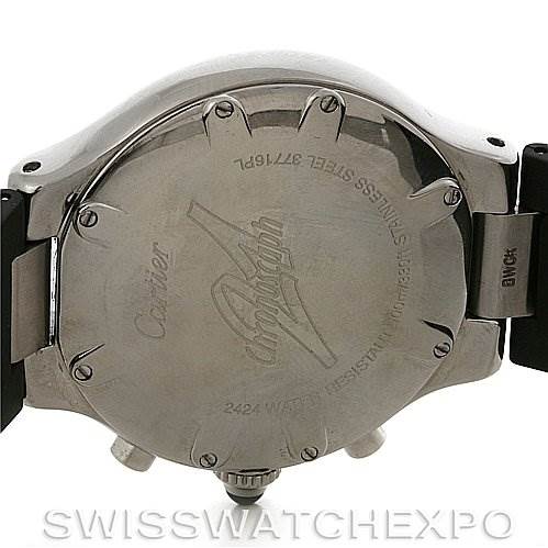 The image shows the back case of a Cartier Must 21 Chronoscaph W10125U2 Men
s Stainless Steel Black Dial W10125U2 Men
s Stainless Steel Black Dial watch, viewed from the back, including the case back inscription and lugs.