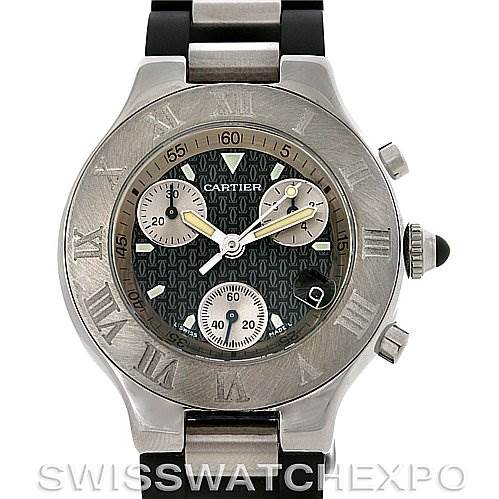 The image shows a Cartier Must 21 Chronoscaph W10125U2 Men
s Stainless Steel Black Dial W10125U2 Men
s Stainless Steel Black Dial watch from a front-facing angle, highlighting the dial, bezel, and part of the bracelet.