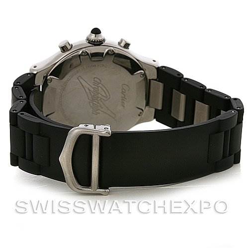 The image shows the back view of the Cartier Must 21 Chronoscaph W10125U2 Men
s Stainless Steel Black Dial W10125U2 Men
s Stainless Steel Black Dial watch, focusing on the clasp and rubber strap.