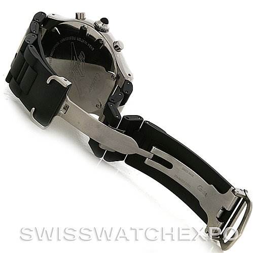 The image shows the back and clasp of the Cartier Must 21 Chronoscaph W10125U2 Men
s Stainless Steel Black Dial W10125U2 Men
s Stainless Steel Black Dial watch, highlighting the deployment buckle and rubber strap.