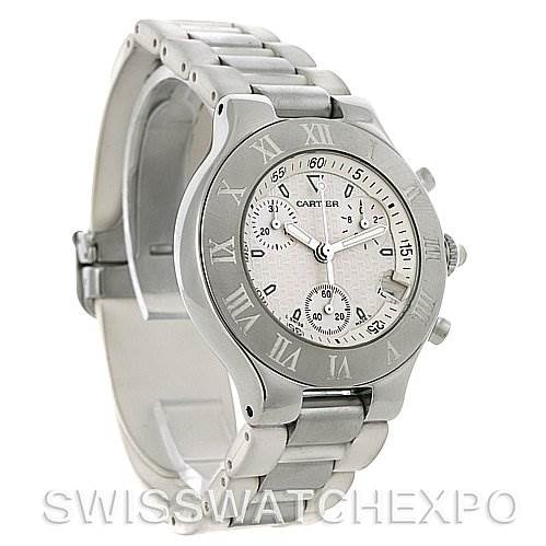 This image shows a must 21 Chronoscaph model by Cartier at a slight angle, highlighting the watch's face, bracelet, and side buttons.