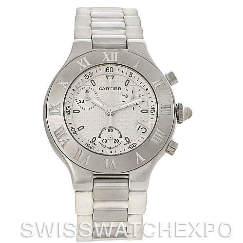 The image shows a frontal view of the Cartier Must 21 Chronoscaph W10184U2 Men's Stainless Steel White Dial W10184U2 Men's Stainless Steel White Dial watch, displaying its face, bezel, and bracelet.