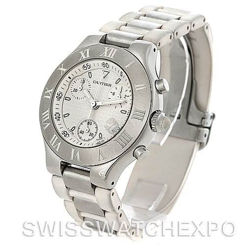 The image shows a Cartier Must 21 Chronoscaph W10184U2 Men's Stainless Steel White Dial W10184U2 Men's Stainless Steel White Dial watch at a three-quarter angle, highlighting its face, bezel, and stainless steel bracelet.