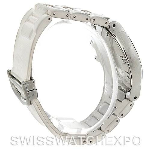 The image shows a side view of the Cartier Must 21 Chronoscaph W10184U2 Men's Stainless Steel White Dial W10184U2 Men's Stainless Steel White Dial watch, highlighting the band, clasp, and case from a profile angle.